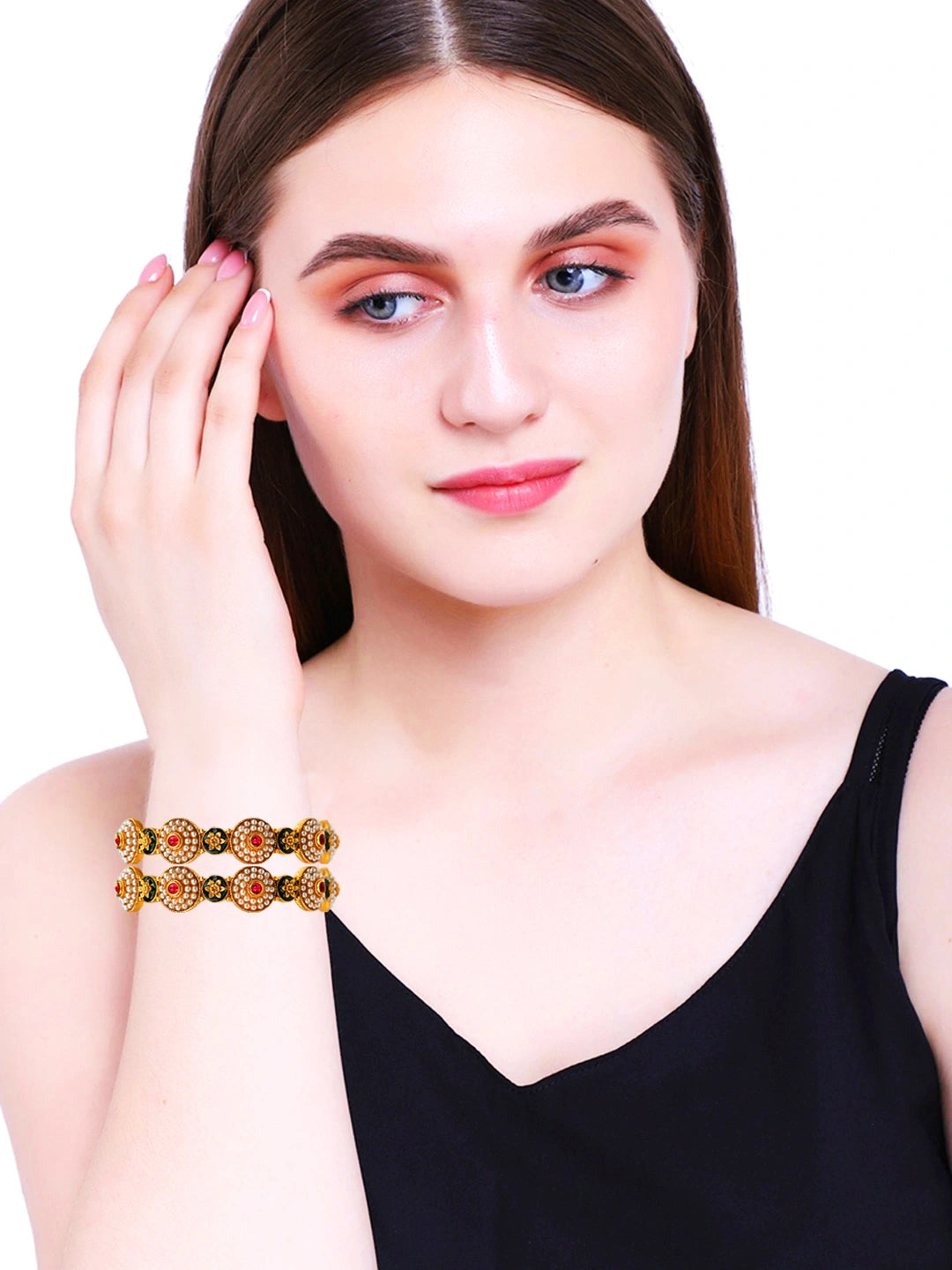 Gold Plated Meenakari Pearl 3Pc Bangle